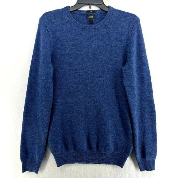 J.Crew Merino Sweater Men's S Blue Brown Leather Elbow Trim Round Neck Pullover - Picture 1 of 15